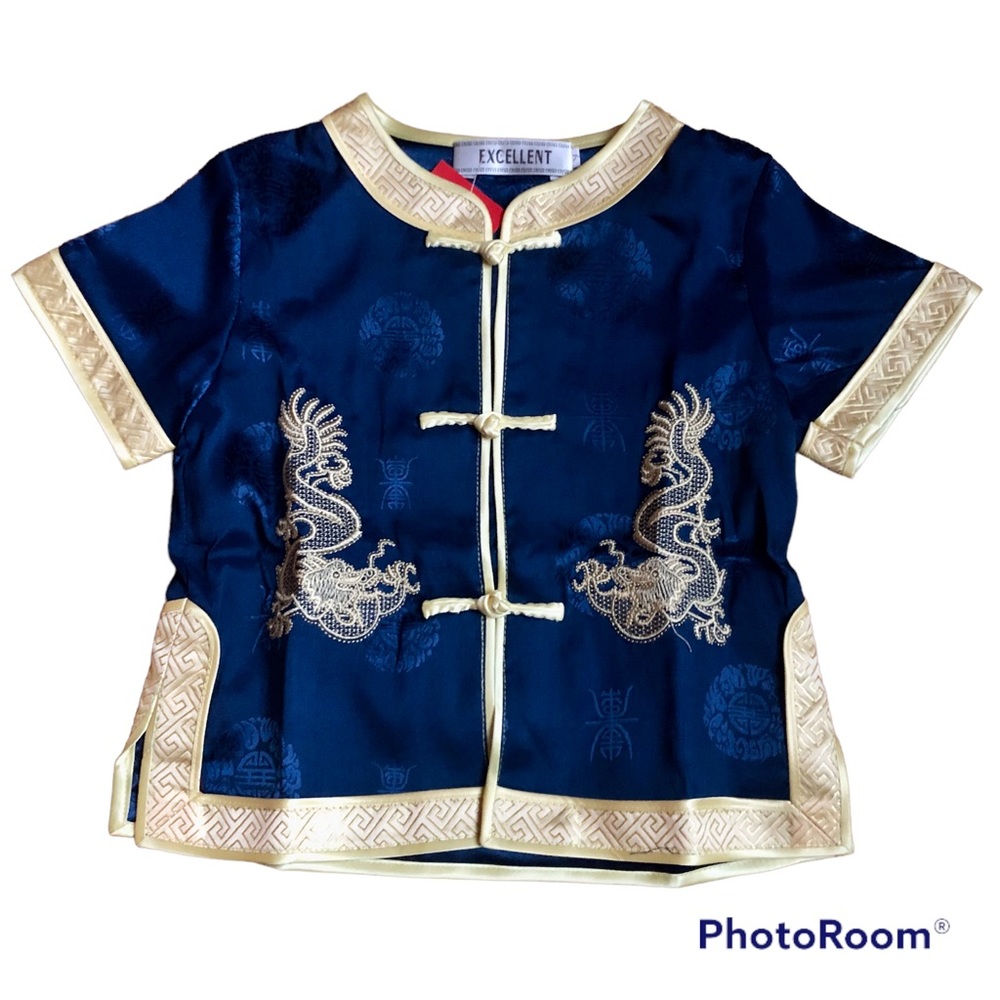 NWT Asian-style Child Shirt + Pants Set, 2-3T, Dark Blue/Yellow w/ Embroidery